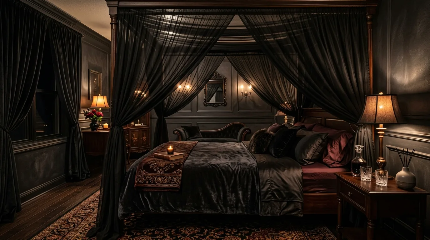 Bring in warm wood to keep the room from feeling cold inspiration for a moody bedroom.